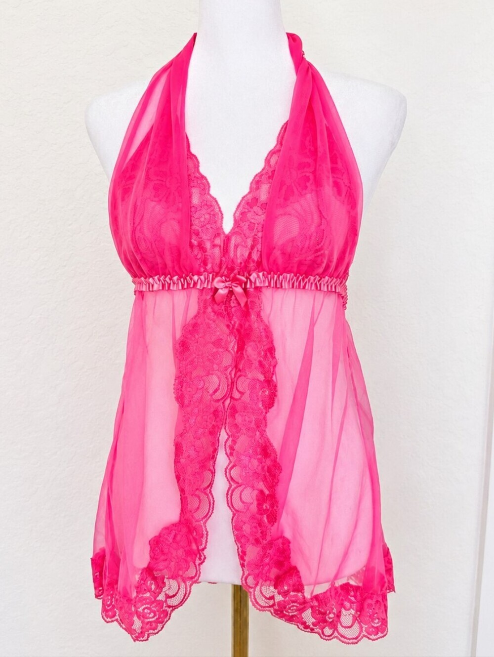 Y2K Frederick's of Hollywood Hot Pink Sheer Lace Babydoll Halter Chemise M